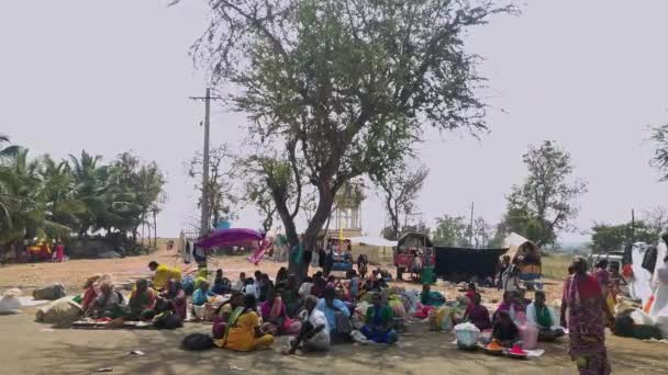インド ヴィジャヤナガラ2023年2月5日 インド人信者の一団が祭り中の晴れた日に木の木陰に座り休む — ストック動画