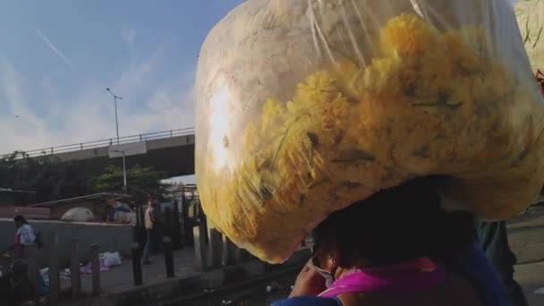 2023年2月12日 印度班加罗尔 一名头戴口罩 头戴花袋 在市场上等公共汽车的印度老年妇女被警方抓获 — 图库视频影像