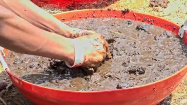 Tohum toplarını hazırlamak için verimli toprak ve gübreyi plastik bir kabın içinde suyla karıştıran çıplak ellerin yakın çekimi. Çevresel kavram. Yeşil toprak kavramı.