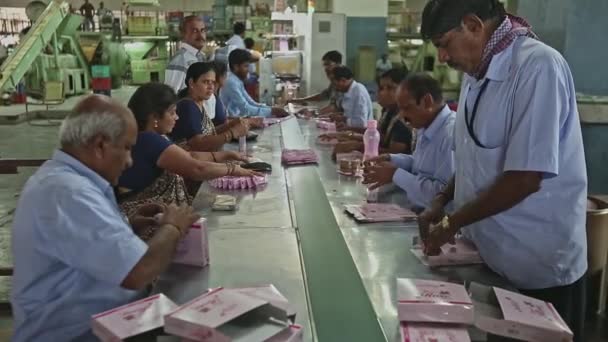 Bangalore India Juli 2016 Fabrieksarbeiders Sorteren Verpakken Zeepzakjes Bij Productielijn — Stockvideo