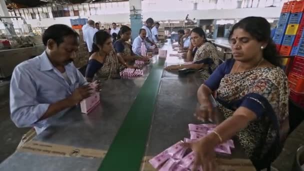 Bangalore Indien Juli 2016 Fabriksarbetare Sorterar Och Packar Tvålpåsar Vid — Stockvideo