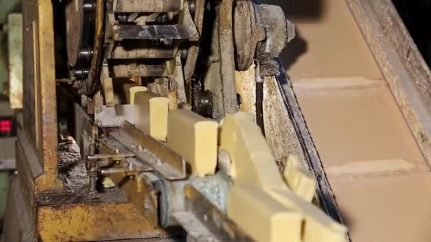 Άποψη Μορφοποιημένου Σφραγισμένου Σαπουνιού Που Κόβεται Ράβδους Δισκία Στο Εργοστάσιο — Αρχείο Βίντεο