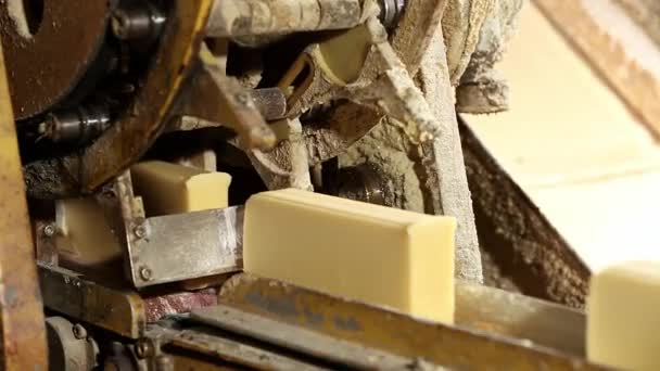 Een Blik Geformuleerde Gestempelde Zeep Gesneden Bars Tabletten Fabriek Proces — Stockvideo