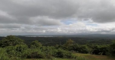 Bulutlu bir günde tepenin tepesinden yemyeşil yoğun ormanın manzaralı bir manzarası.