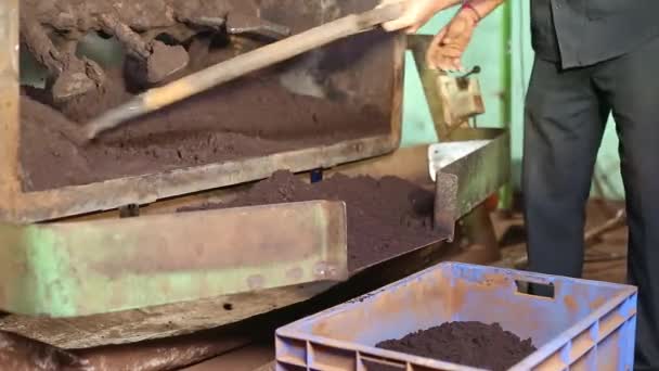 Κλείσιμο Του Έτοιμου Θυμιάματος Σκόνη Που Μεταφέρεται Πλαστικό Κιβώτιο Φτυάρι — Αρχείο Βίντεο