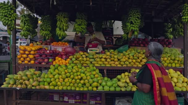 Виджаянагара Индия Апреля 2023 Года Пожилая Индийская Женщина Покупает Фрукты — стоковое видео