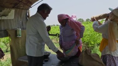 Vijayanagara, Hindistan-16 Nisan 2023: Bir çiftçi tarafından tartılan toplanan yasemin çiçeklerinin yazın işçiler için maaşları hesaplaması. Hasat ve ihracat