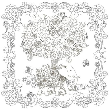 Ağacın altında renkli bir sayfa için iki sevimli yaşlı, basım için. Yetişkinler için çiçek monokrom teneke çizgi çizimi, çocuklar için vektör çizimi