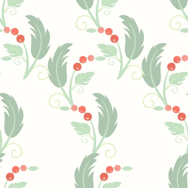 緑の葉と赤い果実のパステルカラーのフラットデザインのシームレスなパターンストックベクトルのイラストと植物 印刷のための — ストック写真