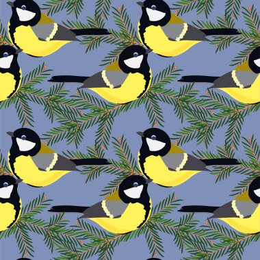Great tit on fir branch seamless pattern on blue stock vector illustration for web, for print, for fabric print, for wallpaper.