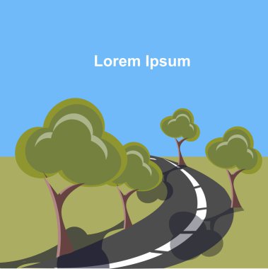Asfalt gri yol, yanında yeşil ağaçlar, mavi gökyüzünde beyaz Lorem Ipsum, seyahat, doğa, ekoloji posterleri için düz şirin tasarım.