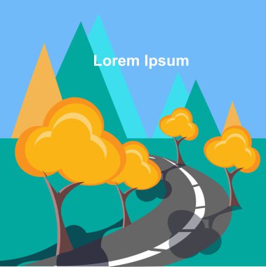 Asfalt gri yol, yanında yeşil, Horisont 'ta dağlar mavi gökyüzünde Lorem Ipsum seyahat, doğa, ekoloji posterleri için şirin tasarım.