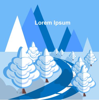 Horisont 'taki asfalt mavi kış yolu dağları mavi gökyüzü arka planındaki Lorem Ipsum seyahat, doğa, ekoloji posterleri, kışlar için şirin tasarım.