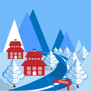 Tatil pankartı, mavi köknar, montingn, yol, kış, kırmızı barınak, işaret. Horisont 'ta asfalt mavisi kış yolu dağları mavi gökyüzü üzerinde beyaz arka plan seyahat, doğa, ekoloji posterleri, kış bayramı için şirin tasarım