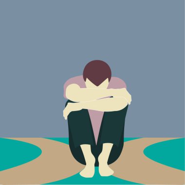 Depresyondaki bir adam tek başına oturur, dizlerini kucaklayarak, umutsuzluk anında. Kendini kırbaçlama, paranoya zihinsel sağlık kavramından korkar. Panik, fobi, depresyon, stres ve bipolar bozukluğun sembolü.