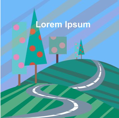 Tepe, ağaç üzerinde rotası olan soyut bir manzara. Modern romantik arkaplan. Web için Lorem Ipsum, baskı için.