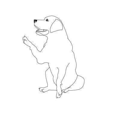 Beyaz köpek patisini uzatıyor. Dost canlısı beyaz hayvan, web için, baskı için, renk kitabı stok vektör ilüstrasyonu için siyah ana hatlı hisse senedi çizimi