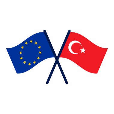 Türkiye ve Avrupa Birliği. İki bayrak çapraz. Toplantının, ortaklığın ya da müzakerelerin sembolü. Vektör çizimi düz tasarım. Beyaz arkaplanda izole. 