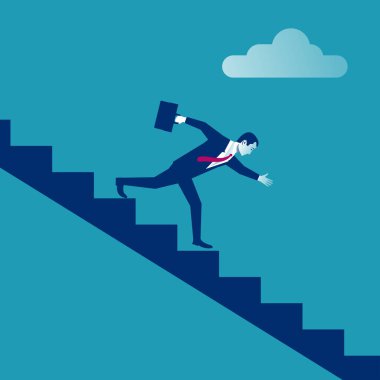 İş adamı merdivenlerden aşağı koşar. Çantalı takım elbiseli bir adam. Sorunlardan ve başarısızlıklardan kaçmak. Vektör çizimi düz tasarım. Beyaz arkaplanda izole.