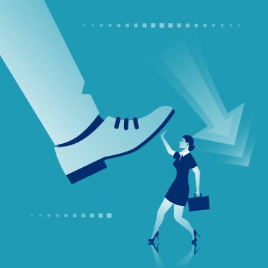 İş kadını, patronun koca ayağından korkar. Vektör çizimi düz tasarım. Beyaz arka planda izole edilmiş. Dev ayak lideri..