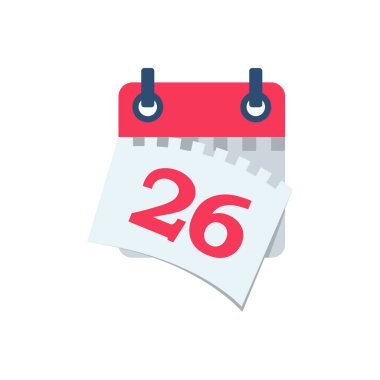 Takvim kağıdını yırt. Takvimdeki tarih 26. Tarihi geçmiş. Teslim tarihi konsepti. Şablon sayfası. Vektör çizimi düz tasarım. Beyaz arkaplanda izole. 