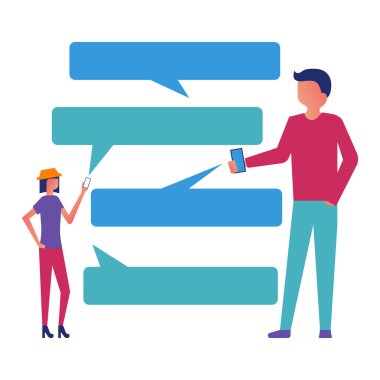 Mobil messenger kavramı. Erkek ve bir kadın ile smartphone ellerinde messenger kullanın. Vektör çizim düz tasarımı. Beyaz arka plan üzerinde izole. Bulutlar metin için.