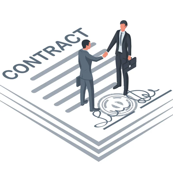Dwóch Biznesmenów Podpisuje Kontrakt Deska Podpisami Pieczęcią Umowy Dokument Transakcyjny — Wektor stockowy