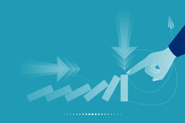 Domino etkisi. Zincirleme reaksiyon iş çözümünü durduruyorum. Başarılı bir müdahale. Adam parmak eliyle yıkılan dominoyu durduruyor. Vektör çizimi düz tasarım. Arkaplanda izole.