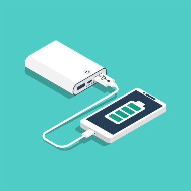 Akıllı telefon elektrik bankasından şarj ediliyor. Telefonları ve diğer cihazları şarj etmek için cep telefonu cihazı. Cep telefonu bataryadan şarj oluyor. Vektör çizimi düz tasarım. USB kablosu.