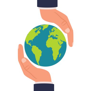 Küre holding insan eller. Planet eller adam. Vektör çizim düz tasarımı. Koruma kavramı.