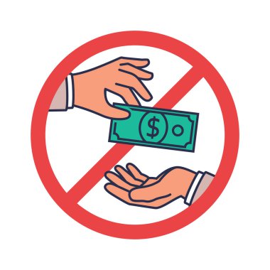 Kırmızı işaret. Yozlaşmayı durdur. Vektör çizimi, düz tasarım. Rüşvet konsepti. Rüşvet teklif ediyor. Para el siluetinde. Beyaz arka planda izole edilmiş. Yasak sembol. Satış memurları.