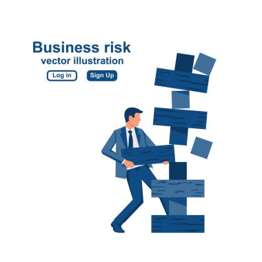 İş riski kavramı. İşadamı ahşap bloğu çekip yığılma riskini göze alıyor. Vektör çizimi düz tasarım. İniş sayfası.