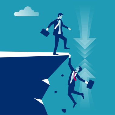 Zafer konsepti için rekabet. Bir iş adamı rakibini uçurumdan aşağı iter. İş adamları. Vektör çizimi düz tasarım. İş adamı üstte duruyor. Başarıya giden yol. İpe tırmanan adam.