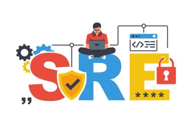 Alan güvenilirliği mühendisliği. SRE konsepti. Dizüstü bilgisayarı olan genç bir programcı bir web sitesi tasarlıyor. Güvenli yazılım. Vektör çizimi düz tasarım. Beyaz arkaplanda izole.