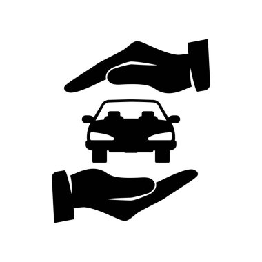 Eller erkek sigortacı, arabayı koruyor, silueti. Araba sigortası ikonu. Vektör çizimi, düz tasarım. Koruma arabası. Arabanın emniyeti. Araba için güvenlik servisi..