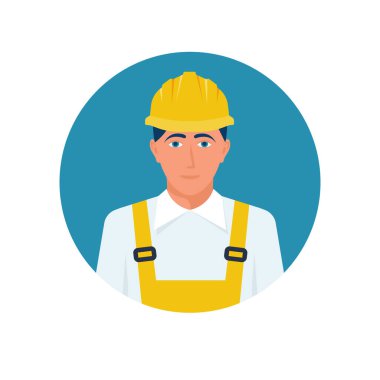 Worker in a helmet. Construction worker in uniform and plastic safety helmet. Labor protection. Vector illustration flat design. Isolated on white background.