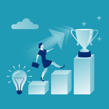 Ambition concept. Abstract metaphor for success. Businesswoman runs up from the idea of the reward. Vector illustration flat design. Isolated on white background.
