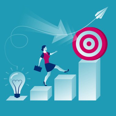 Ambition concept. Abstract metaphor for success. Businesswoman runs up from an idea to a goal. Vector illustration flat design. Isolated on background.