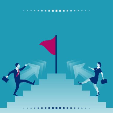 Competition for victory concept. Business people. Vector illustration flat design. Man and a woman race a runner-up to victory. Competition way to success. Flag as a symbol of achieving the goal.