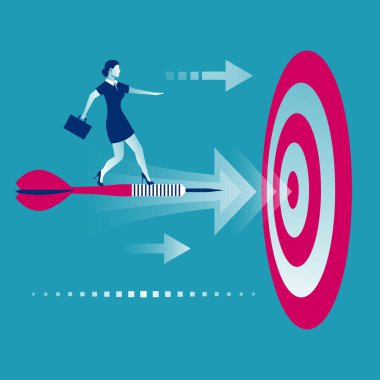 Businesswoman with briefcase standing on the dart to achieve business goal, concept. Aim in business. Vector illustration flat design. Solution to achieve mission. Direction victory. Aiming to target.