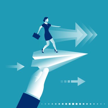 Woman with briefcase standing on paper plane to achieve business goal, concept. Aim in business. Vector illustration flat design. Smart solution to achieve mission. Direction victory. Aiming to target