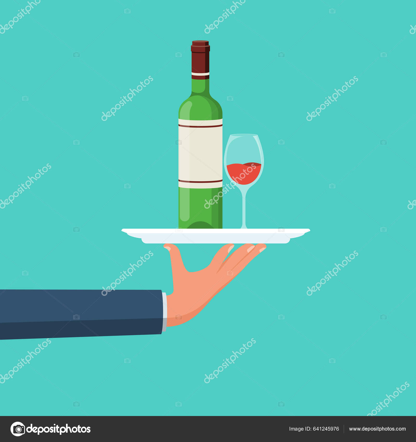 Bottle Wine Glass Tray Tray Waiter's Hand Red Wine Glass Stock Vector