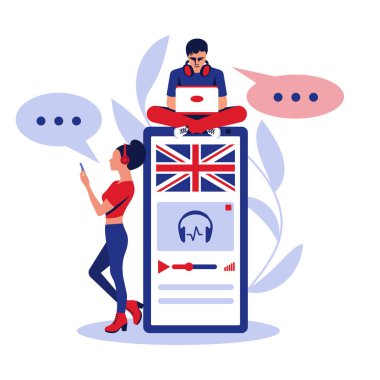 Gençler çevrimiçi olarak İngilizce öğreniyor. Öğrenciler akıllı telefonla çalışıyor, İngilizce dinliyor ve konuşuyorlar. Vektör çizimi düz tasarım. Beyaz arkaplanda izole.