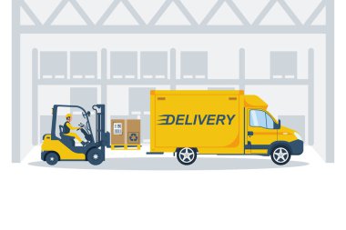 Şoförlü bir forklift. Teslimat, lojistik, kargo. Vektör çizimi düz tasarım. Endüstriyel lojistik, teslimat servisi. Depolama ekipmanları. Ticari işler. Hızlı servis kamyonu..
