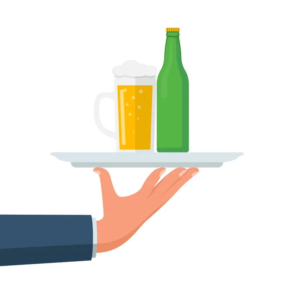 Bier Auf Einem Tablett Glas Bier Männer Halten Der Hand — Stockvektor