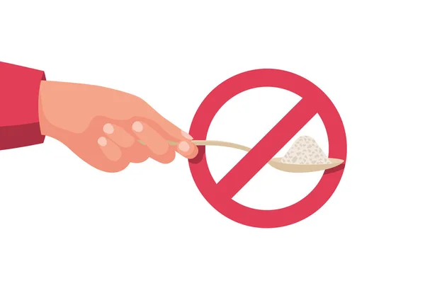 没有糖的迹象红色的禁止标志划掉了一个装有糖果的勺子 禁止吃甜食 有害产品 健康的生活方式 矢量插图平面设计 在白色背景上隔离 — 图库矢量图片