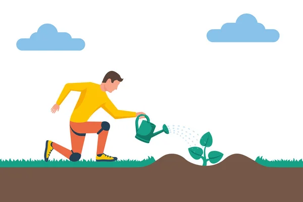 Jardinier Avec Arrosage Peut Tenir Dans Main Plantation Arbres Concept — Image vectorielle
