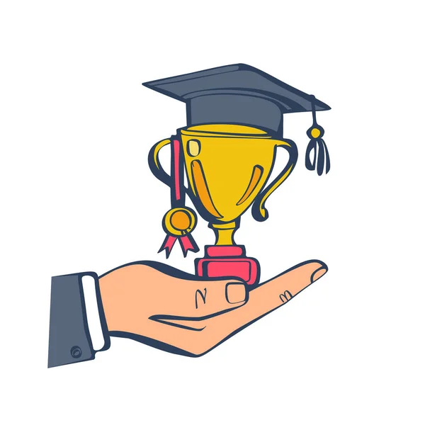 Ιδέα Της Αποφοίτησης Κύπελλο Ένα Ακαδημαϊκό Καπέλο Και Ένα Μετάλλιο — Διανυσματικό Αρχείο