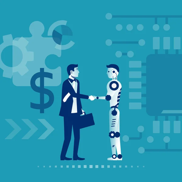 未来的合作 人工智能 商人与机器人握手作为标志技术的发展 矢量插画平面设计 在白色背景上被隔离 — 图库矢量图片