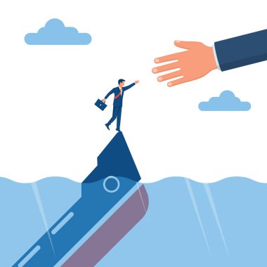 İş yardım konsepti. İşadamı bir çalışana yardım eli uzatıyor. İnsanoğluna yardım etmek için, mecazi anlamda. Vektör çizimi düz tasarım. Beyaz arkaplanda izole.